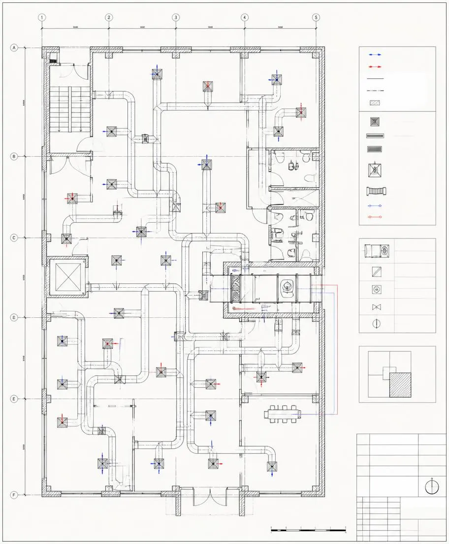Planșă 2D de instalații extrasă din modelul Revit, cu trasee, cote și legendă