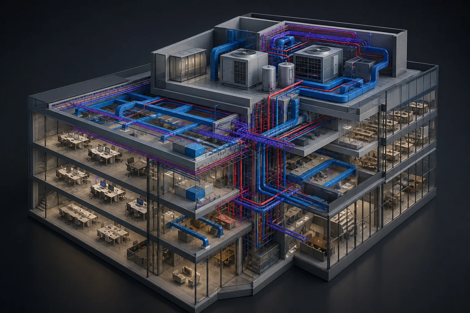 Model 3D Revit MEP cu trasee de tubulatură, conducte și echipamente