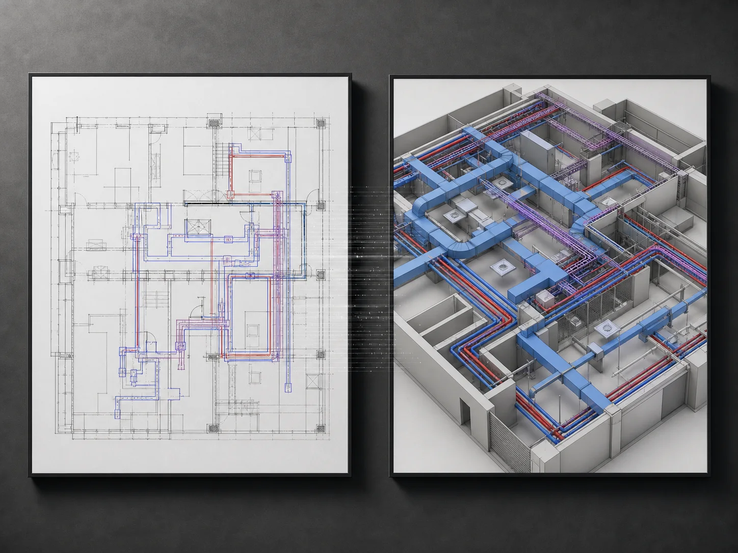 Comparație între un plan DWG curățat și modelul 3D Revit MEP rezultat