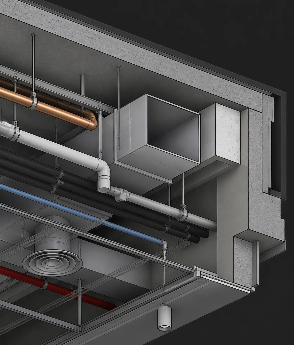 Secțiune 3D printr-un model Revit MEP cu tubulaturi, conducte și susțineri