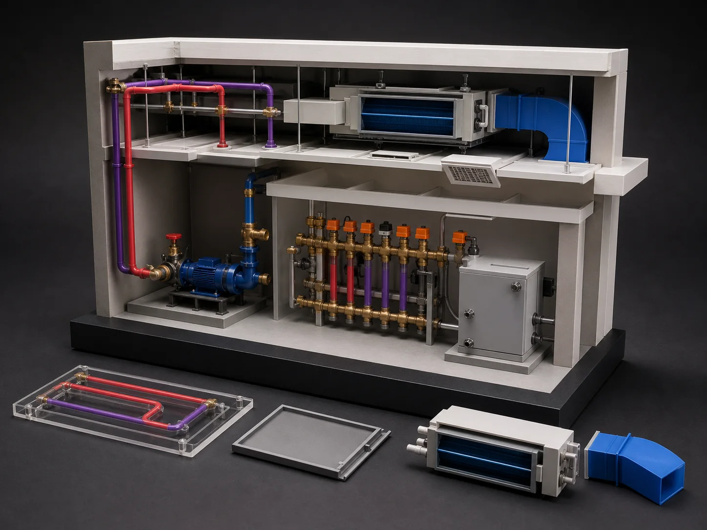 Model fizic secționat pentru instruirea instalațiilor HVAC și MEP