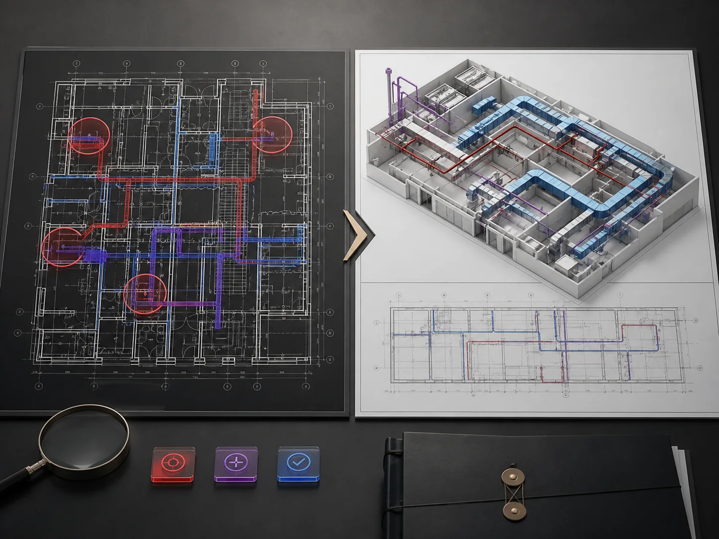 Comparație între o planșă DWG și un model 3D Revit MEP coordonat
